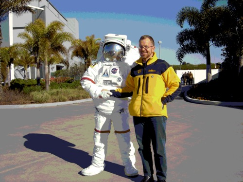 Niel Malan at Kennedy Space Center Visitor Center with an actor posing as an astronaut.